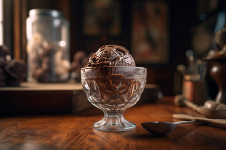 Gourmet chocolate ice cream in glass bowl on ice cream parlor table. rustic wood. AI generated. frozen dessert. front viewの素材