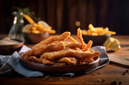 crispy fried fish strips with french fries on rustic wooden table. AI generated. closeupの素材