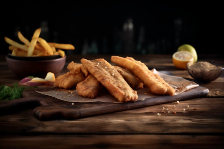 crispy fried fish strips with french fries on rustic wooden table. AI generated. closeupの素材