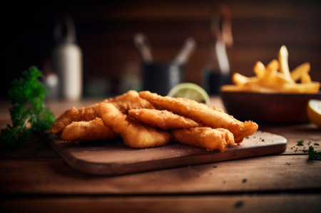 crispy fried fish strips with french fries on rustic wooden table. AI generated. closeupの素材