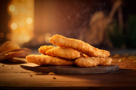 crispy fried fish strips with french fries on rustic wooden table. AI generated. closeupの素材