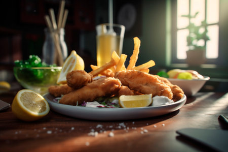 crispy fried fish strips with french fries on rustic wooden table. AI generated. closeupの素材