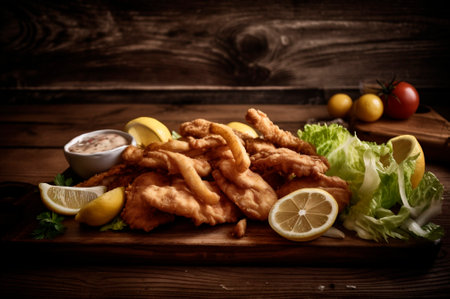 crispy fried fish strips with french fries on rustic wooden table. AI generated. closeupの素材