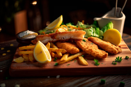 crispy fried fish strips with french fries on rustic wooden table. AI generated. closeupの素材