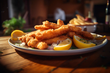 crispy fried fish strips with french fries on rustic wooden table. AI generated. closeupの素材