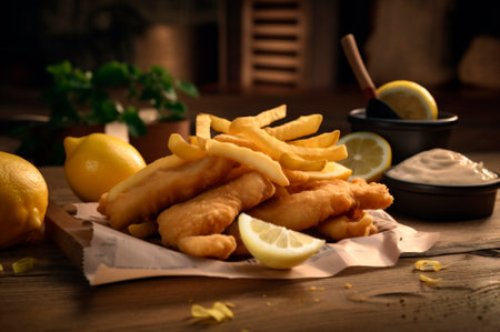 crispy fried fish strips with french fries on rustic wooden table. AI generated. closeupの素材