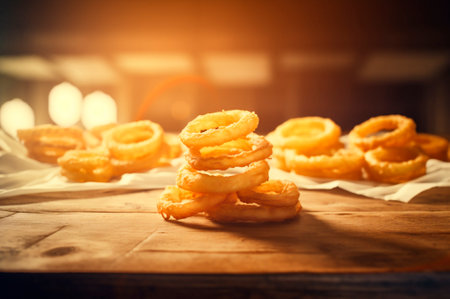 portion of crispy fried onion rings on rustic wooden table. AI generated. closeupの素材