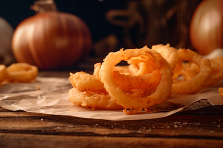 portion of crispy fried onion rings on rustic wooden table. AI generated. closeupの素材