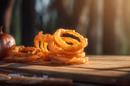 portion of crispy fried onion rings on rustic wooden table. AI generated. closeupの素材