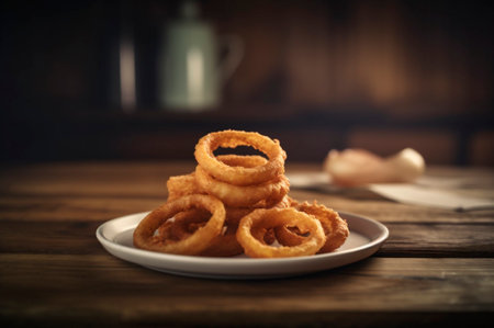 portion of crispy fried onion rings on rustic wooden table. AI generated. closeupの素材