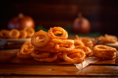 portion of crispy fried onion rings on rustic wooden table. AI generated. closeupの素材