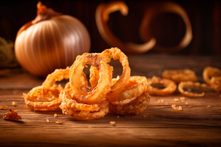 portion of crispy fried onion rings on rustic wooden table. AI generated. closeupの素材