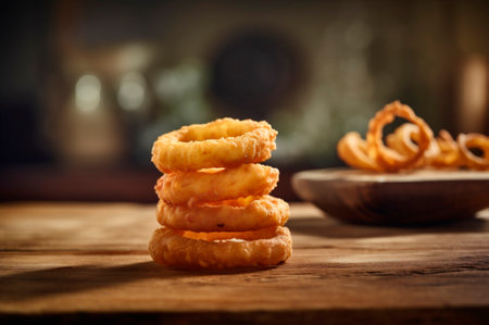 portion of crispy fried onion rings on rustic wooden table. AI generated. closeupの素材
