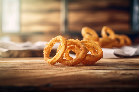 portion of crispy fried onion rings on rustic wooden table. AI generated. closeupの素材