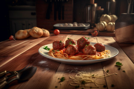 spaghetti pasta with meatballs in homemade tomato sauce on wooden table. AI generated. closeup viewの素材