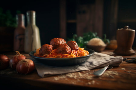 spaghetti pasta with meatballs in homemade tomato sauce on wooden table. AI generated. closeup viewの素材