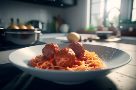 spaghetti pasta with meatballs in homemade tomato sauce on wooden table. AI generated. closeup viewの素材