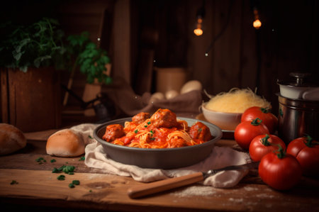 spaghetti pasta with meatballs in homemade tomato sauce on wooden table. AI generated. closeup viewの素材