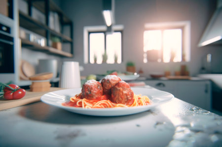 spaghetti pasta with meatballs in homemade tomato sauce on wooden table. AI generated. closeup viewの素材