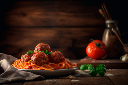 spaghetti pasta with meatballs in homemade tomato sauce on wooden table. AI generated. closeup viewの素材