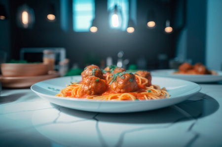 spaghetti pasta with meatballs in homemade tomato sauce on wooden table. AI generated. closeup viewの素材