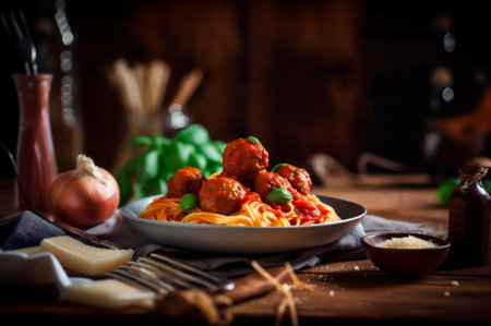 spaghetti pasta with meatballs in homemade tomato sauce on wooden table. AI generated. closeup viewの素材