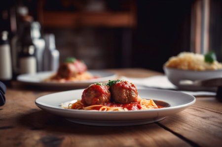 spaghetti pasta with meatballs in homemade tomato sauce on wooden table. AI generated. closeup viewの素材