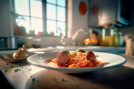 spaghetti pasta with meatballs in homemade tomato sauce on wooden table. AI generated. closeup viewの素材