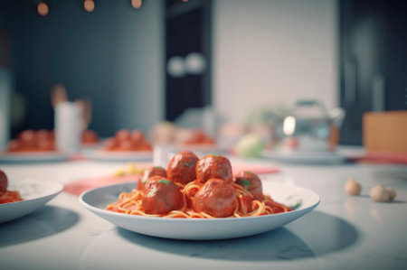 spaghetti pasta with meatballs in homemade tomato sauce on wooden table. AI generated. closeup viewの素材