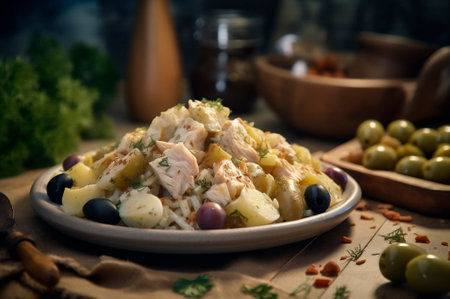 codfish salad with potatoes and olives in plate on rustic wooden table. AI generated. close-up viewの素材