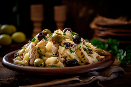 codfish salad with potatoes and olives in plate on rustic wooden table. AI generated. close-up viewの素材