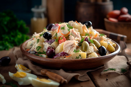 codfish salad with potatoes and olives in plate on rustic wooden table. AI generated. close-up viewの素材