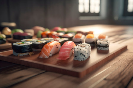 set of assorted sushi arranged on plate over wooden table. AI generated. closeup viewの素材
