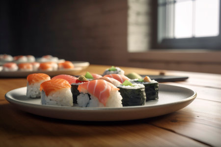set of assorted sushi arranged on plate over wooden table. AI generated. closeup viewの素材