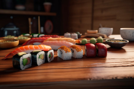 set of assorted sushi arranged on plate over wooden table. AI generated. closeup viewの素材