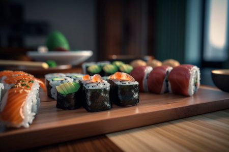 set of assorted sushi arranged on plate over wooden table. AI generated. closeup viewの素材