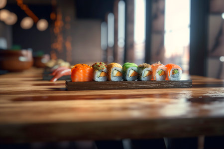 set of assorted sushi arranged on plate over wooden table. AI generated. closeup viewの素材
