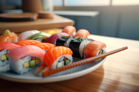 set of assorted sushi arranged on plate over wooden table. AI generated. closeup viewの素材