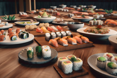 set of assorted sushi arranged on plate over wooden table. AI generated. closeup viewの素材