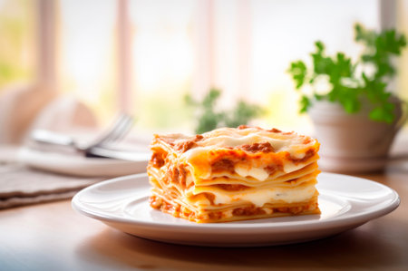 Portion of homemade lasagna of roasted juicy ground beef topped with melted cheese. AI generated. closeupの素材