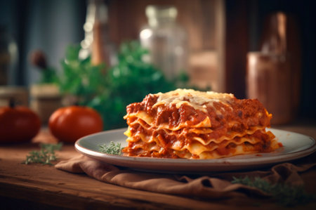 Portion of homemade lasagna of roasted juicy ground beef topped with melted cheese. AI generated. closeupの素材