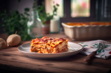 Portion of homemade lasagna of roasted juicy ground beef topped with melted cheese. AI generated. closeupの素材