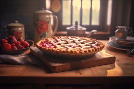 baked homemade strawberry pie, on rustic wooden table, kitchen background. AI generated. Selective focus. closeupの素材