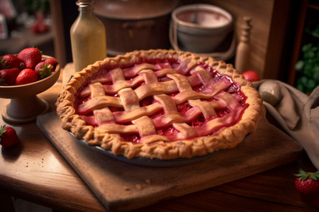 baked homemade strawberry pie, on rustic wooden table, kitchen background. AI generated. Selective focus. closeupの素材