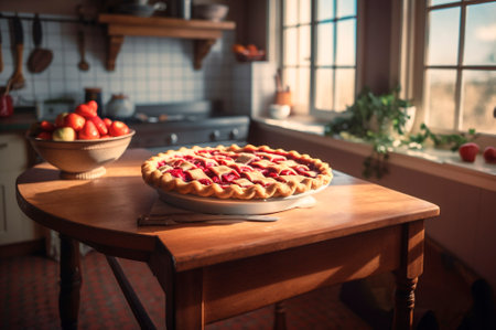 baked homemade strawberry pie, on rustic wooden table, kitchen background. AI generated. Selective focus. closeupの素材