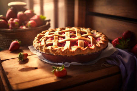 baked homemade strawberry pie, on rustic wooden table, kitchen background. AI generated. Selective focus. closeupの素材