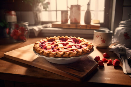 baked homemade strawberry pie, on rustic wooden table, kitchen background. AI generated. Selective focus. closeupの素材
