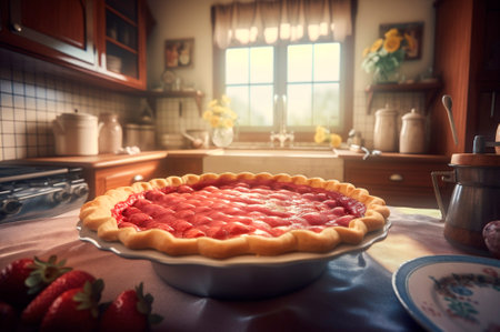 baked homemade strawberry pie, on rustic wooden table, kitchen background. AI generated. Selective focus. closeupの素材