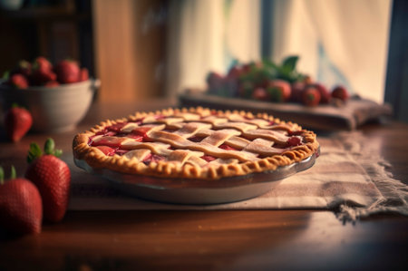 baked homemade strawberry pie, on rustic wooden table, kitchen background. AI generated. Selective focus. closeupの素材