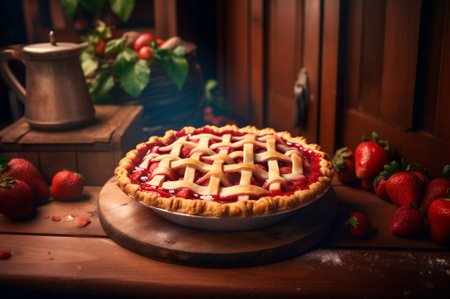 baked homemade strawberry pie, on rustic wooden table, kitchen background. AI generated. Selective focus. closeupの素材